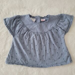🧸2/20$ Zara Dusty Blue Eyelet Flutter Sleeve Blouse Baby Girl Size 12-18M